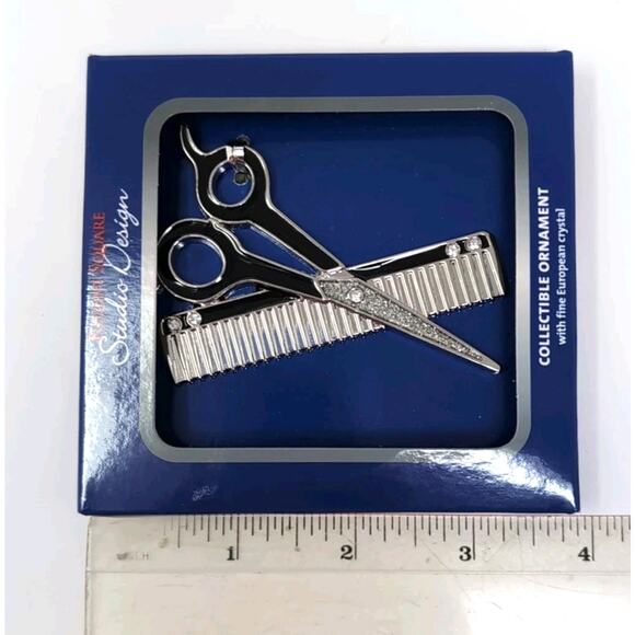 Scissors Comb Ornament 3 in Barber Hairdresser Metal Crystals Regent Square NEW - Picture 6 of 6
